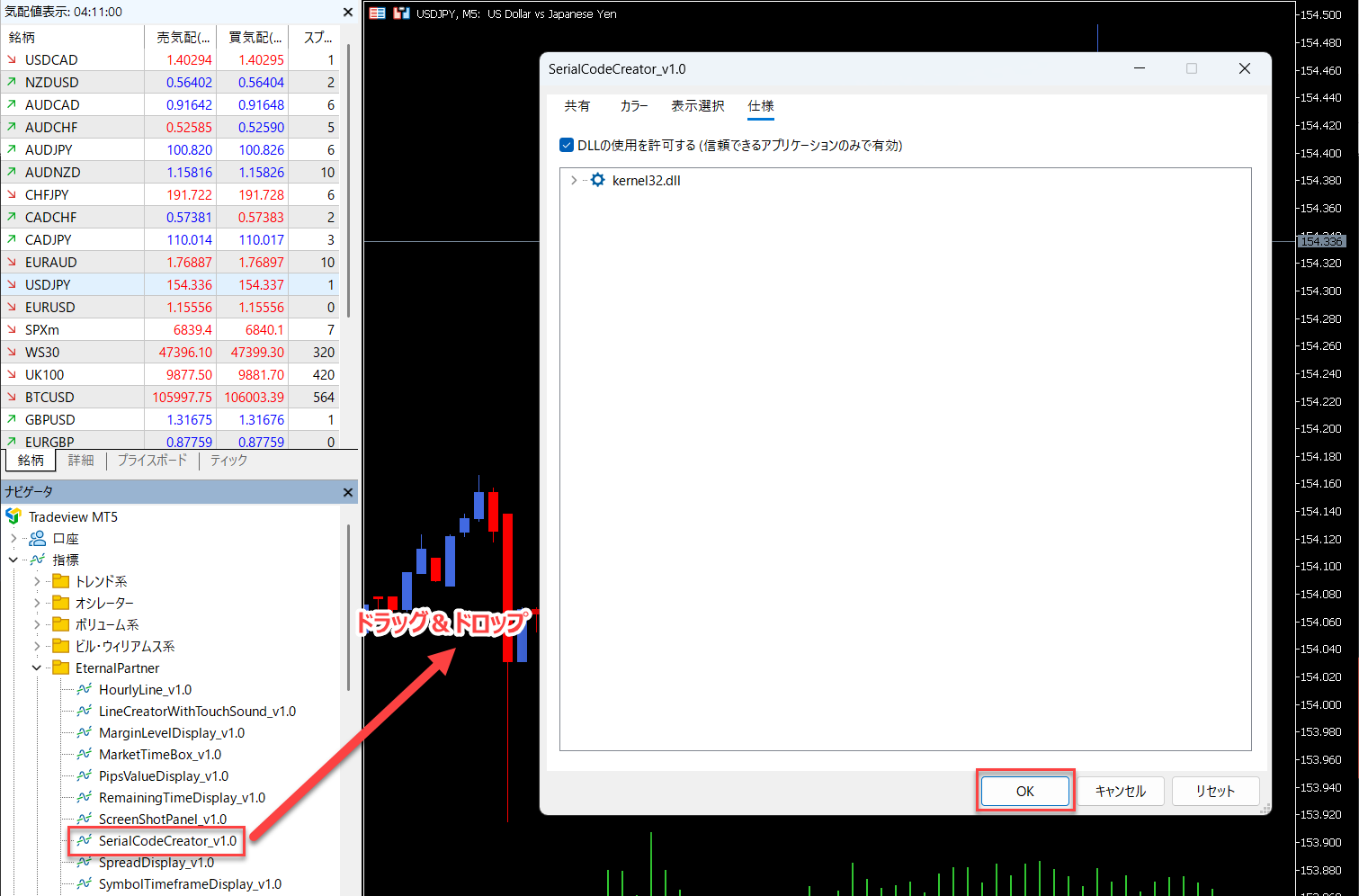 チャートにドラッグ＆ドロップ